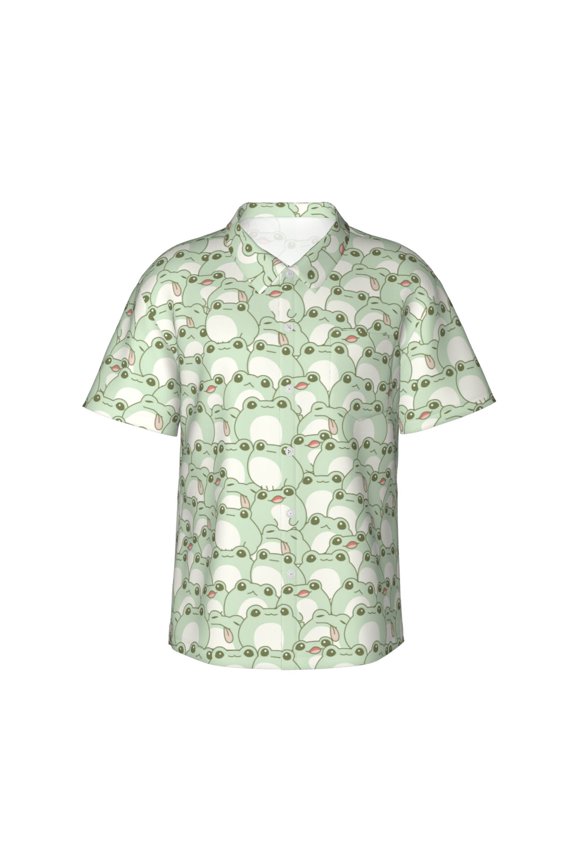 Cute Frog Pattern Men's Casual Button-Down Shirts Hawaiian Shirt Short Sleeve-XX-Large