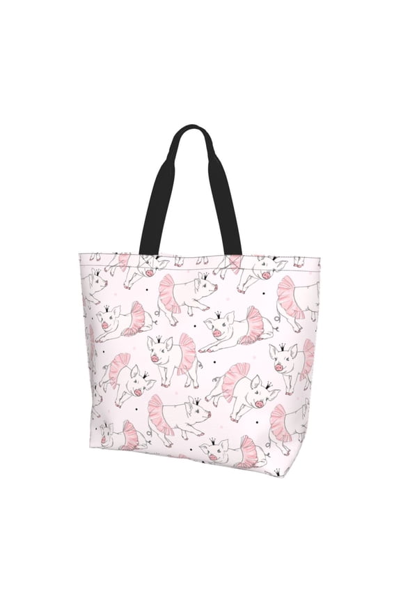 Cute Piggy Ballerina Print Tote Bag,Zipper Tote Bag for Women,Tote Bag Inner Pocket Pattern Lightweight Daily Bag Book Bag