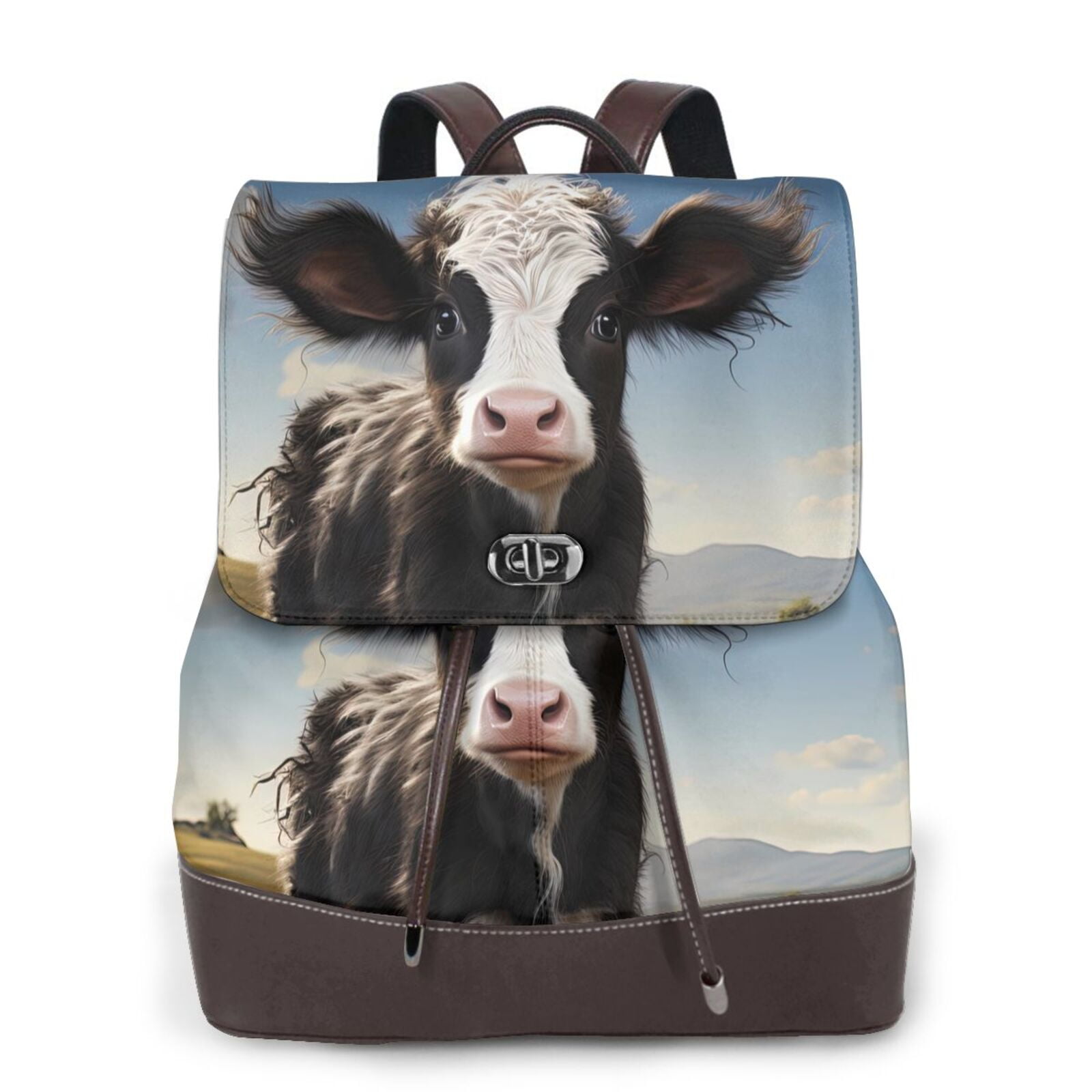 Kuqiui Cute Prairie Cow Print Leather Backpack Purse For Women Fashion Ladies Vintage Bags Casual College Travel Backpacks bag