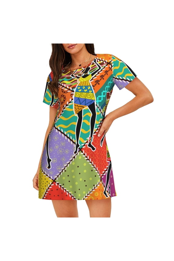 Dancing African Womans Pattern Women's Short-sleeved Nightgown,Casual Sleep A-line Sleepwear Comfy Sleepshirt,Cute Breathable Nightdress Ruffle - Medium