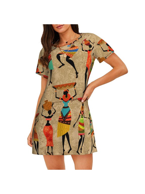 Dancing African Women Pattern Women's Short-sleeved Nightgown,Casual Sleep A-line Sleepwear Comfy Sleepshirt,Cute Breathable Nightdress Ruffle - Small