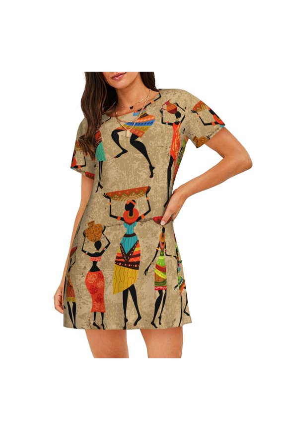 Dancing African Women Pattern Women's Short-sleeved Nightgown,Casual Sleep A-line Sleepwear Comfy Sleepshirt,Cute Breathable Nightdress Ruffle - Large