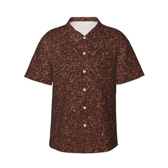Kuqiui Dark Brown Glitter Pattern Men's Casual Button-Down Shirts Hawaiian Shirt Short Sleeve-Large