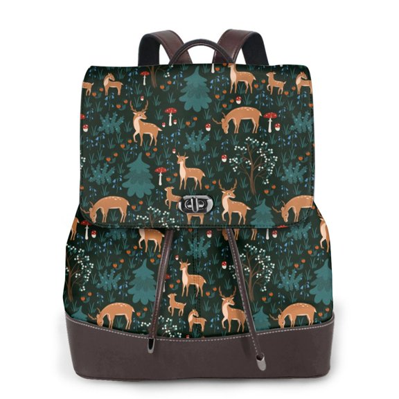 Kuqiui Deers In The Forest Print Leather Backpack Purse For Women Fashion Ladies Vintage Bags Casual College Travel Backpacks bag