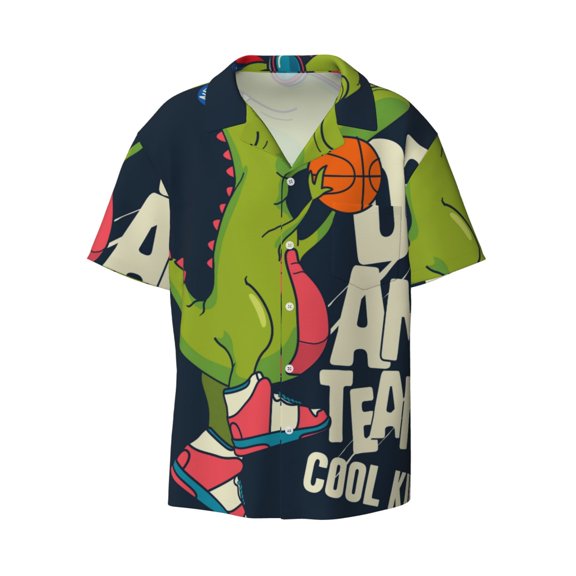 Kuqiui Dinosaur Basketball Player Print Men's Button Down Shirts Short Sleeve Casual Shirts Hawaiian Shirts Vacation Wedding Shirts with Pocket-Small
