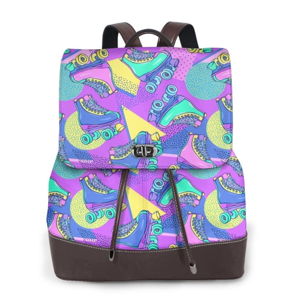 Kuqiui Disco Roller Skates Print Leather Backpack Purse For Women Fashion Ladies Vintage Bags Casual College Travel Backpacks bag