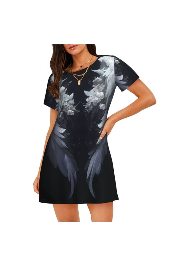 Elegant Feathered Floral Wings Pattern Women's Short-sleeved Nightgown,Casual Sleep A-line Sleepwear Comfy Sleepshirt,Cute Breathable Nightdress Ruffle - X-Large