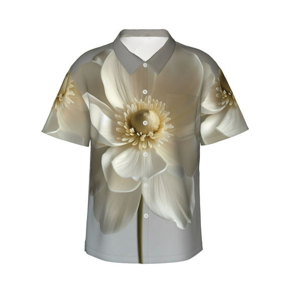 Kuqiui Elegant Ivory Flower Pattern Men's Casual Button-Down Shirts Hawaiian Shirt Short Sleeve-Medium