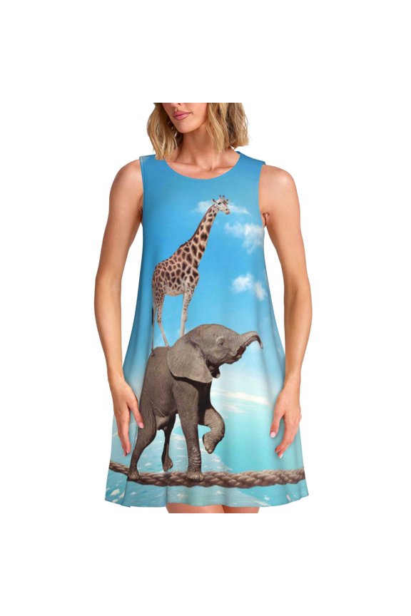 Elephant Giraffe for Women's Sleeveless A-Line Dress with Pockets, Casual Knee Length Loose Tank Dress for Summer