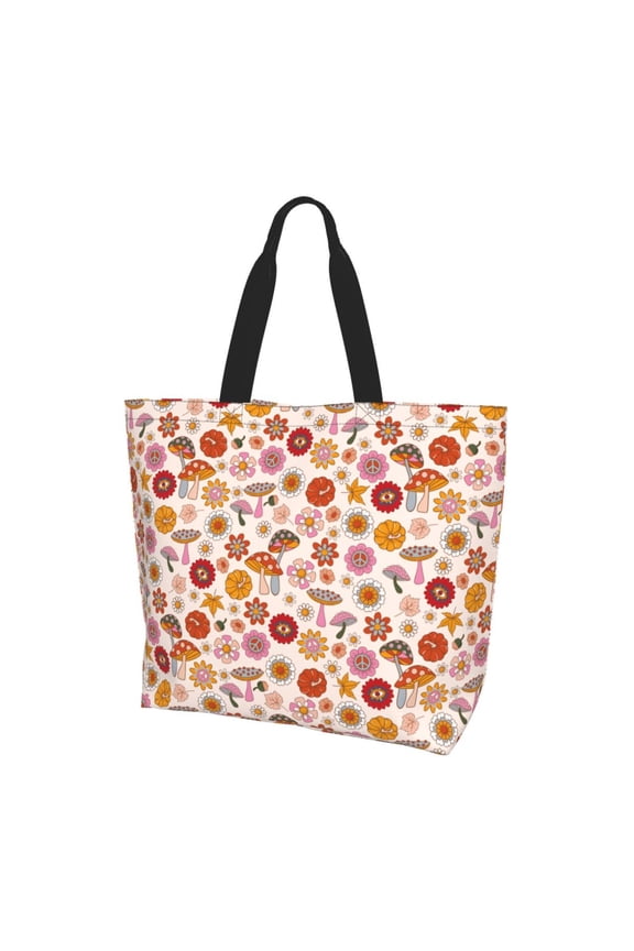 Fall 70s Groovy Hippie Print Tote Bag,Zipper Tote Bag for Women,Tote Bag Inner Pocket Pattern Lightweight Daily Bag Book Bag