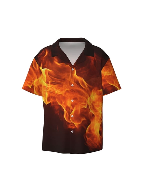 Fiery Orange Flames Energy Print Men's Button Down Shirts Short Sleeve Casual Shirts Hawaiian Shirts Vacation Wedding Shirts with Pocket-Large