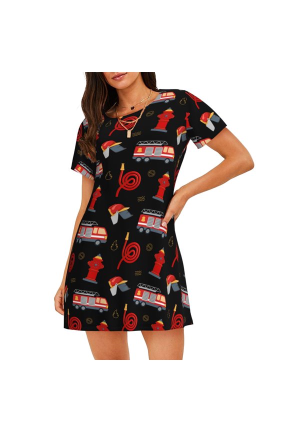 Fire Fighting Pattern Women's Short-sleeved Nightgown,Casual Sleep A-line Sleepwear Comfy Sleepshirt,Cute Breathable Nightdress Ruffle - X-Large