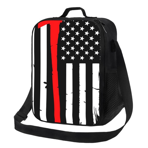 Kuqiui Firefighters USA Flag Print Lunch Box for Women Men,Insulated Lunch Bag Women with Adjustable Shoulder Strap,Lunch Tote Bag for Work,Picnic,Camping