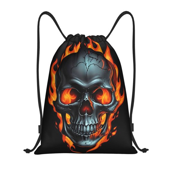 Kuqiui Flame Metal Skull Print Drawstring Backpack Drawstring Bags,Draw String Back Bag Drawstring Bags for Sports,Gym,Travel,Swimming,Beach