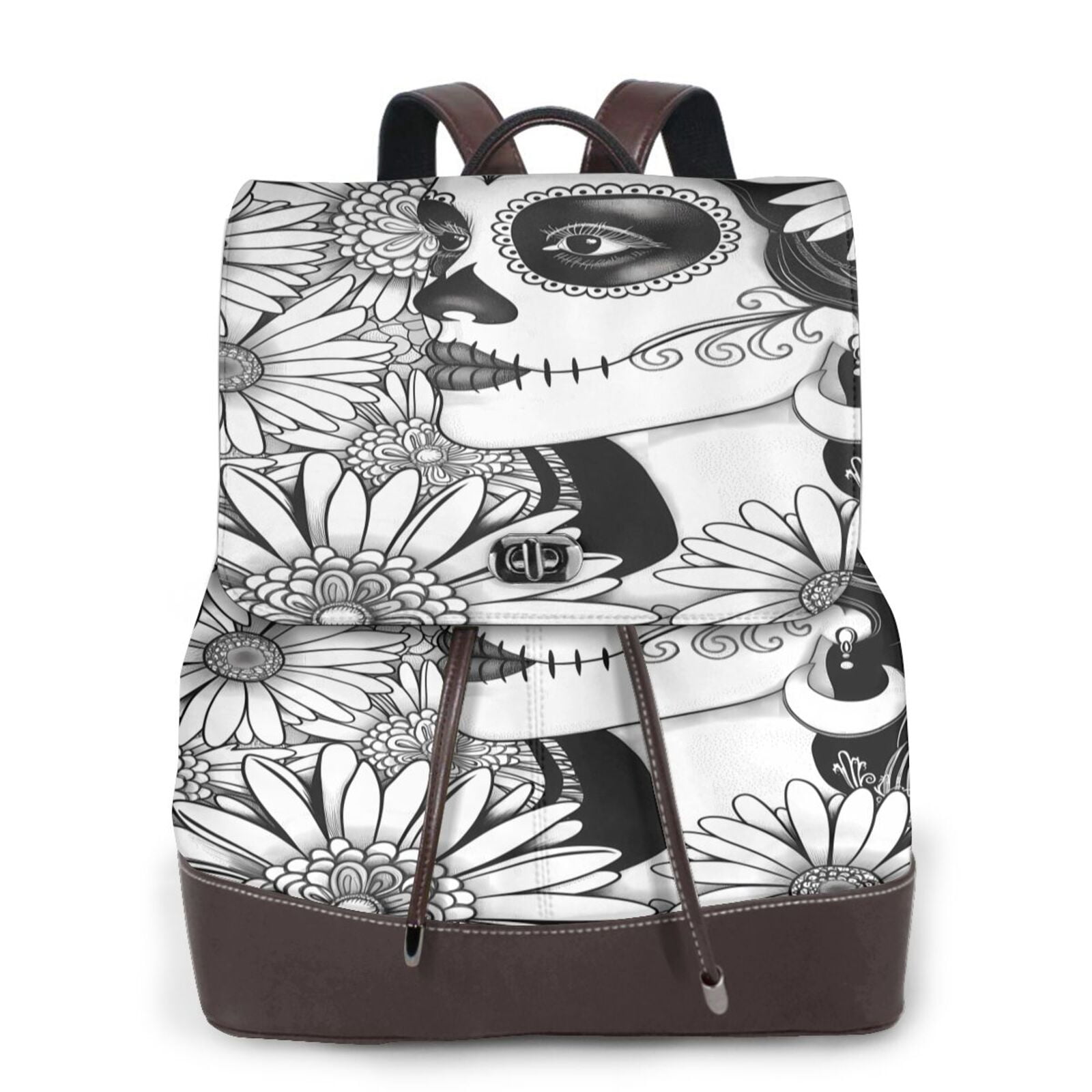 Black Real Leather Backpack with Colorful Sugar Skull Print Kuqiui Pirate Skulls Print Leather Backpack Purse For Women  main image 4