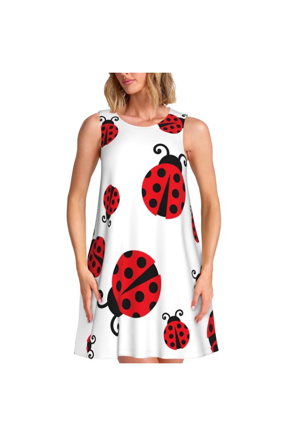 Fly Flying Ladybug for Women's Sleeveless A-Line Dress with Pockets, Casual Knee Length Loose Tank Dress for Summer