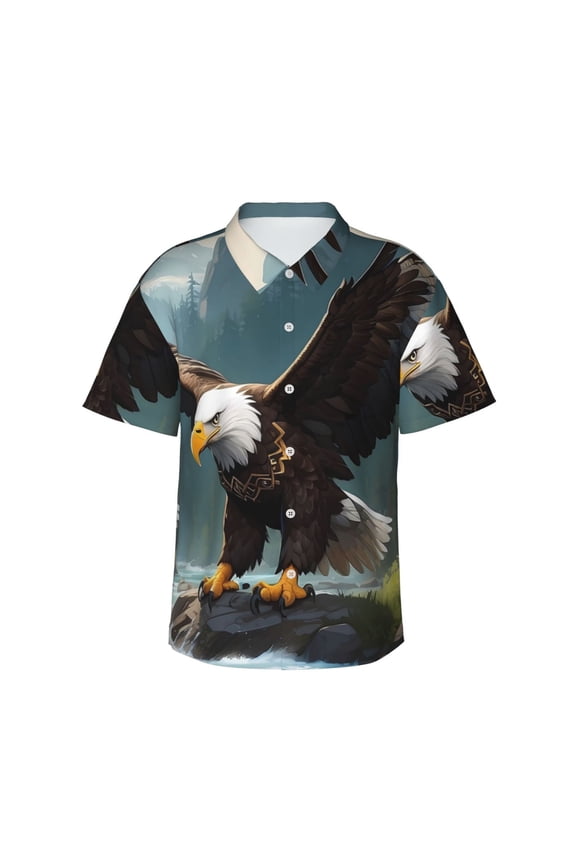 Forest River Bald Eagle Pattern Men's Casual Button-Down Shirts Hawaiian Shirt Short Sleeve-Large