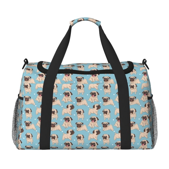 Kuqiui Funny Cartoon Pugs Print Foldable Travel Duffel Bag Tote Carry on Luggage Bag Personal item Sports Gym Bag Water Resistant Weekender Overnight Bags for Women and Men