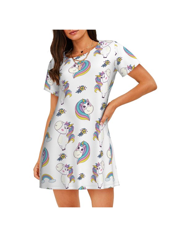 Funny Kawaii Unicorns Dancing Pattern Women's Short-sleeved Nightgown,Casual Sleep A-line Sleepwear Comfy Sleepshirt,Cute Breathable Nightdress Ruffle - Small