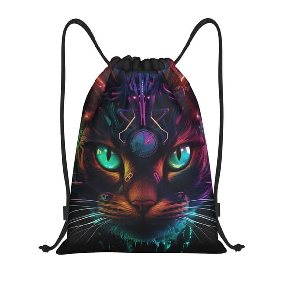 Kuqiui Futuristic Cat Warrior Print Drawstring Backpack Drawstring Bags,Draw String Back Bag Drawstring Bags for Sports,Gym,Travel,Swimming,Beach