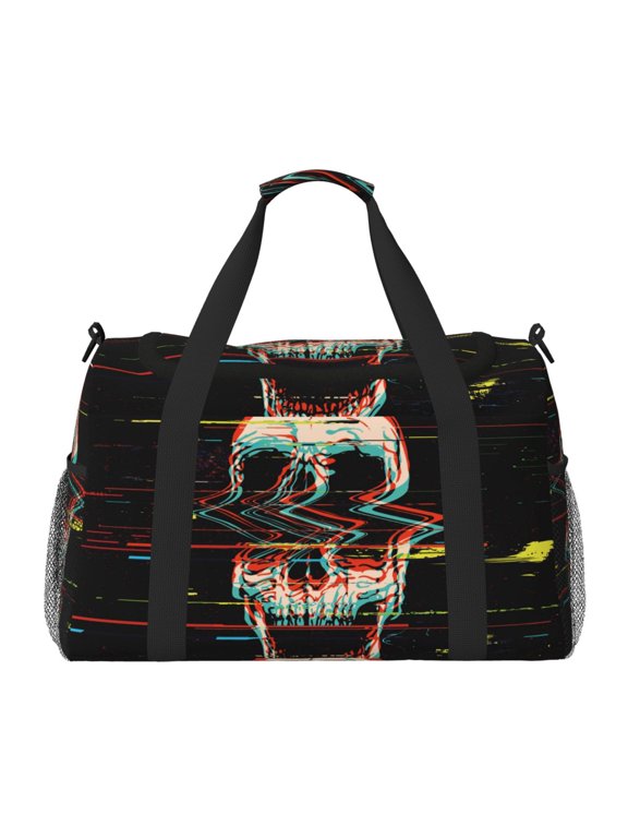 Glitch Screaming Skull Print Foldable Travel Duffel Bag Tote Carry on Luggage Bag Personal item Sports Gym Bag Water Resistant Weekender Overnight Bags for Women and Men