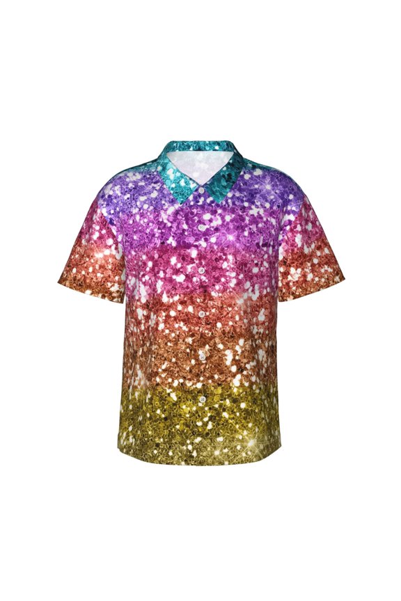 Glitter Rainbow Pattern Men's Casual Button-Down Shirts Hawaiian Shirt Short Sleeve-X-Large