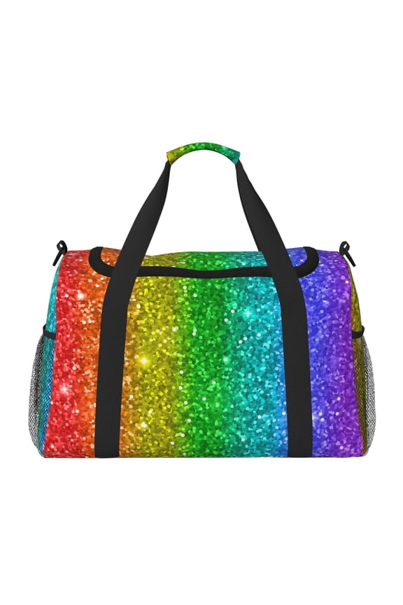 Glitter Rainbow Print Foldable Travel Duffel Bag Tote Carry on Luggage Bag Personal item Sports Gym Bag Water Resistant Weekender Overnight Bags for Women and Men