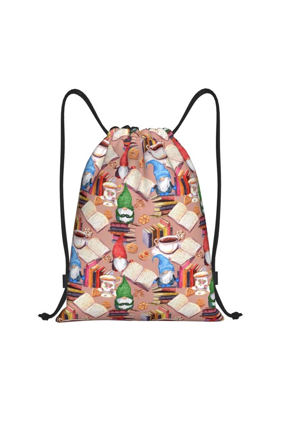 Gnomes Books Tea Cups Print Drawstring Backpack Drawstring Bags,Draw String Back Bag Drawstring Bags for Sports,Gym,Travel,Swimming,Beach