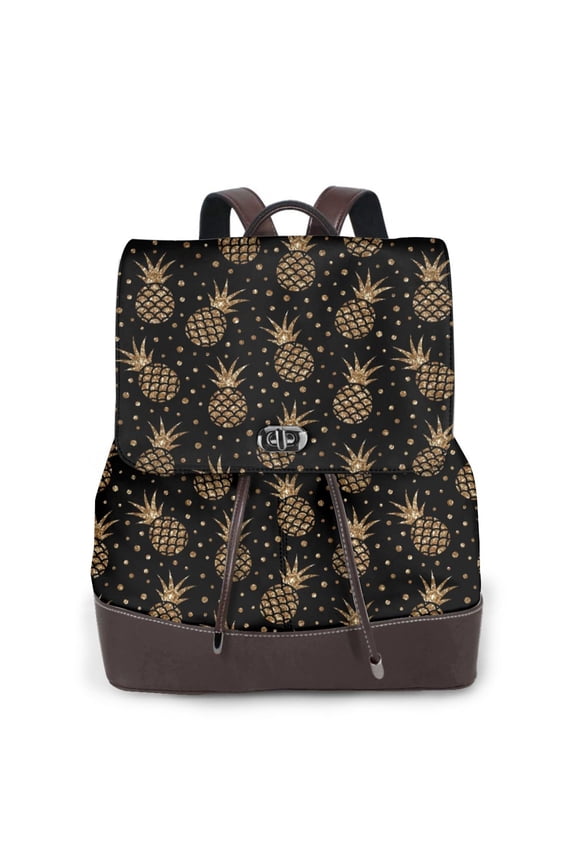 Gold Glitter Pineapples Print Leather Backpack Purse For Women Fashion Ladies Vintage Bags Casual College Travel Backpacks bag