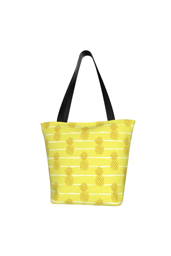 Gold Pineapple Print Canvas Tote Bag for Women Cute Clothing Book Aesthetic Casual Reusable Tote Shoulder Bags