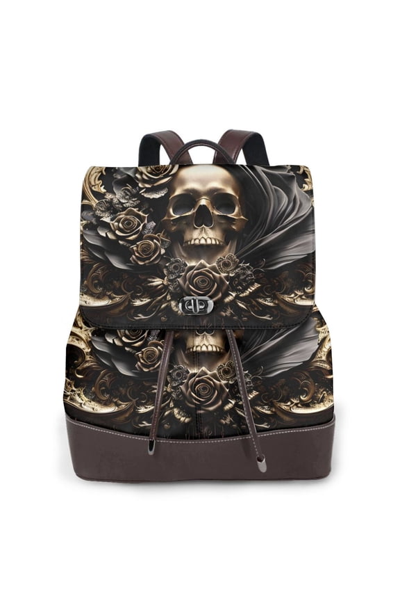 Gold Rose Skull Print Leather Backpack Purse For Women Fashion Ladies Vintage Bags Casual College Travel Backpacks bag