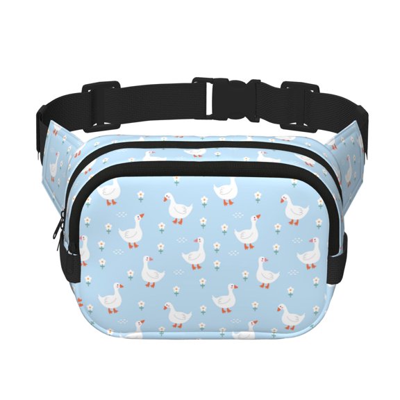 Kuqiui Goose White Flowers Print Fanny Packs for Women Cross Body Waist Bag Fashionable Fanny Pack Designer Workout Hiking Waist Pack Running Travel Gym