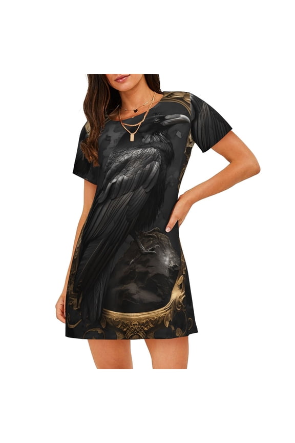 Gothic Raven Portrait Pattern Women's Short-sleeved Nightgown,Casual Sleep A-line Sleepwear Comfy Sleepshirt,Cute Breathable Nightdress Ruffle - 3X-Large