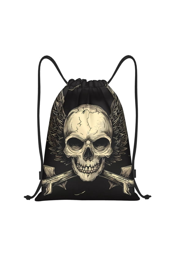 Gothic Winged Skull Print Drawstring Backpack Drawstring Bags,Draw String Back Bag Drawstring Bags for Sports,Gym,Travel,Swimming,Beach