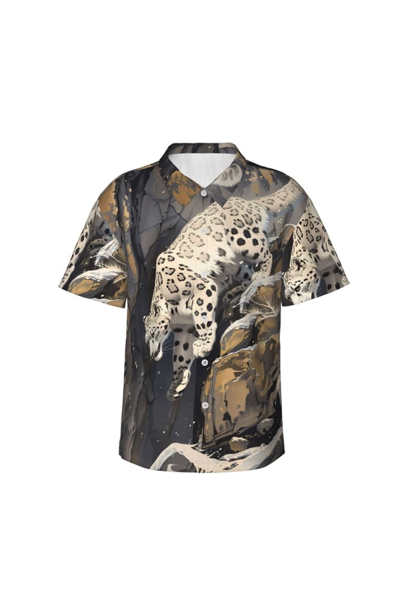Graceful Snow Leopard Pattern Men's Casual Button-Down Shirts Hawaiian Shirt Short Sleeve-XX-Large