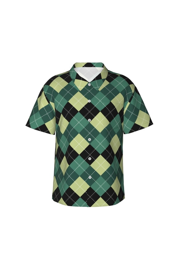Green Squares Pattern Men's Casual Button-Down Shirts Hawaiian Shirt Short Sleeve-3X-Large