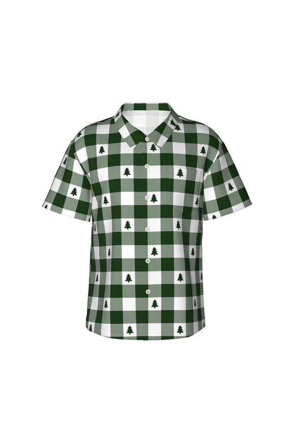 Green White Christmas Tree Lumberjack Plaid Pattern Men's Casual Button-Down Shirts Hawaiian Shirt Short Sleeve-3X-Large