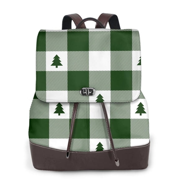 Kuqiui Green White Lumberjack Plaid Print Leather Backpack Purse For Women Fashion Ladies Vintage Bags Casual College Travel Backpacks bag