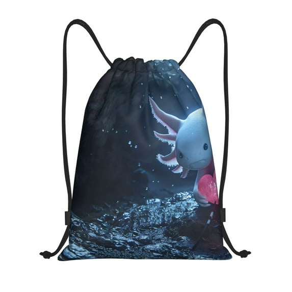 Kuqiui Heart Axolotl Print Drawstring Backpack Drawstring Bags,Draw String Back Bag Drawstring Bags for Sports,Gym,Travel,Swimming,Beach