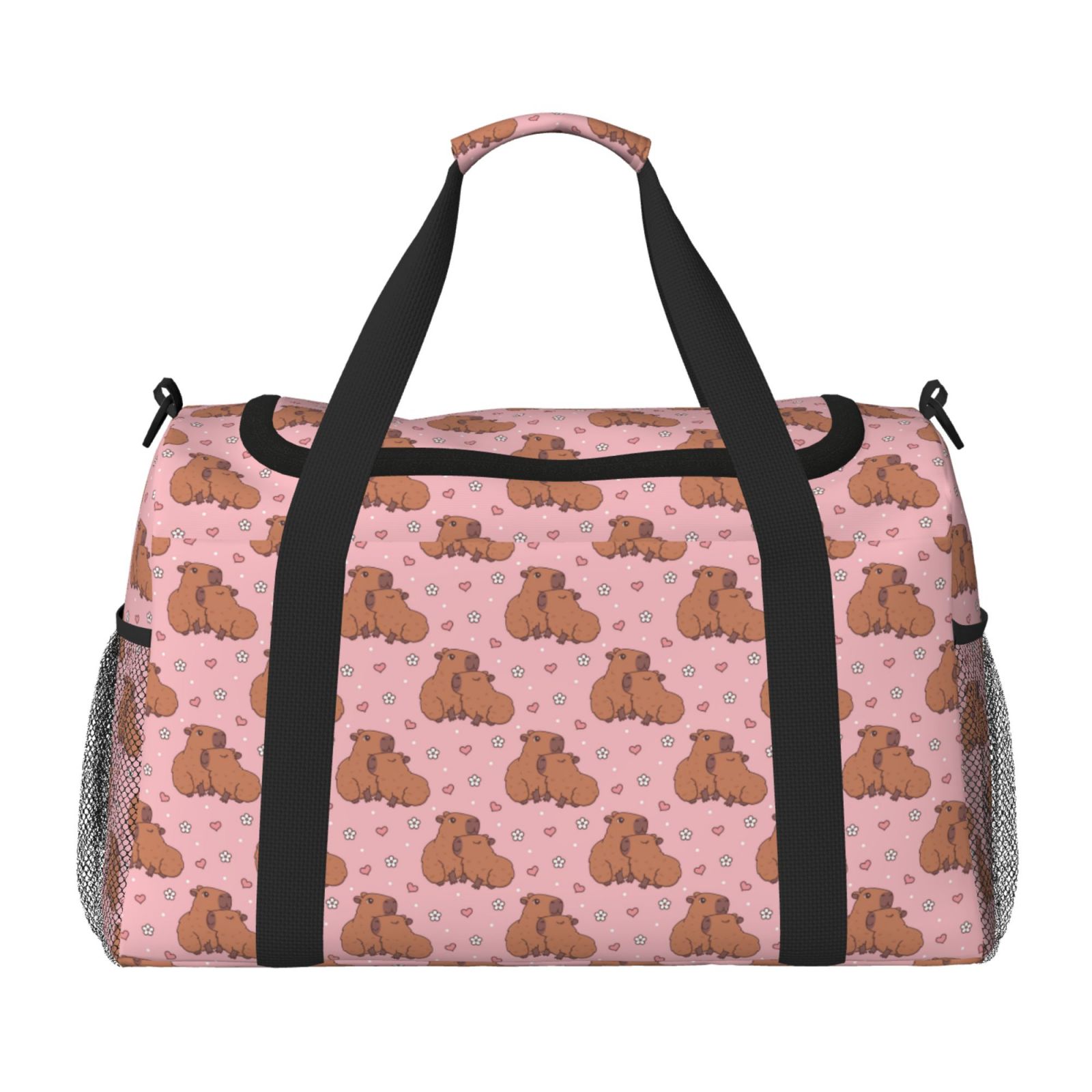 Kuqiui Heart Capybara Print Foldable Travel Duffel Bag Tote Carry on Luggage Bag Personal item Sports Gym Bag Water Resistant Weekender Overnight Bags for Women and Men