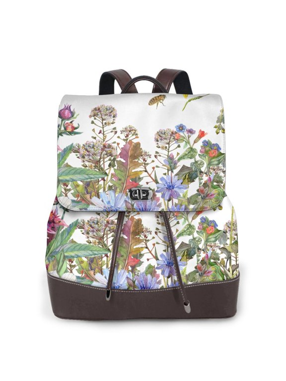 Herbs and Wildflowers Print Leather Backpack Purse For Women Fashion Ladies Vintage Bags Casual College Travel Backpacks bag