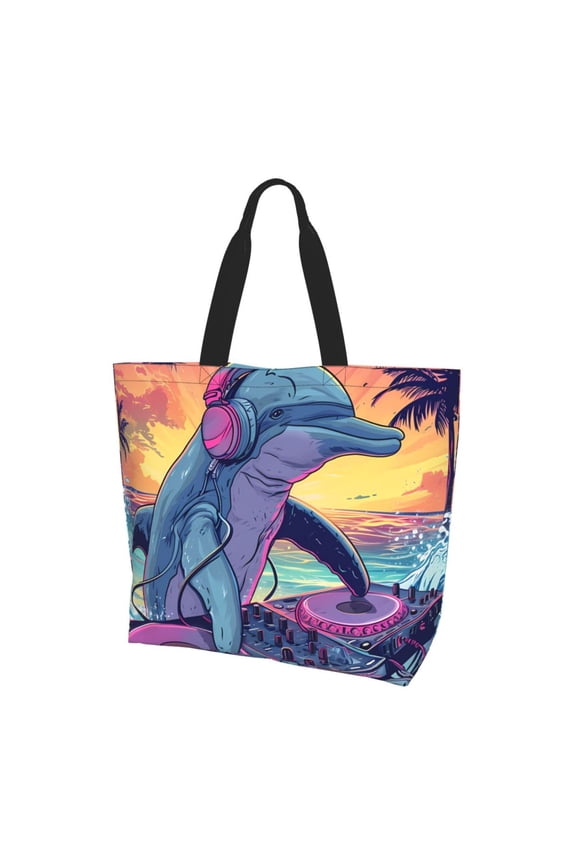 Hip-Hop DJ Dolphin Print Tote Bag,Zipper Tote Bag for Women,Tote Bag Inner Pocket Pattern Lightweight Daily Bag Book Bag