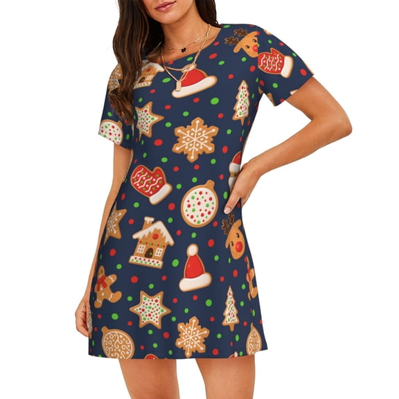 Kuqiui Holiday Gingerbreads Pattern Women's Short-sleeved Nightgown,Casual Sleep A-line Sleepwear Comfy Sleepshirt,Cute Breathable Nightdress Ruffle - XX-Large