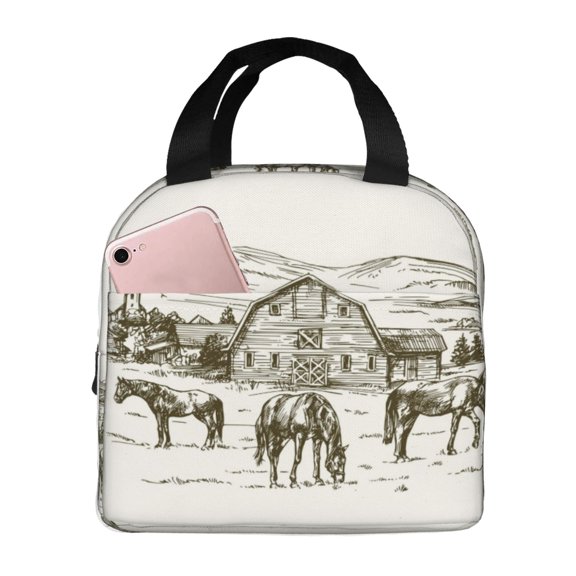 Kuqiui Horses Grazing On Meadow Print Lunch Bag Lunch Box for Women & Men,Large Capacity Insulated Lunch Bag for Adult,Leakproof Reusable Lunch Tote Bags for Work/Office/Travel/Picnic