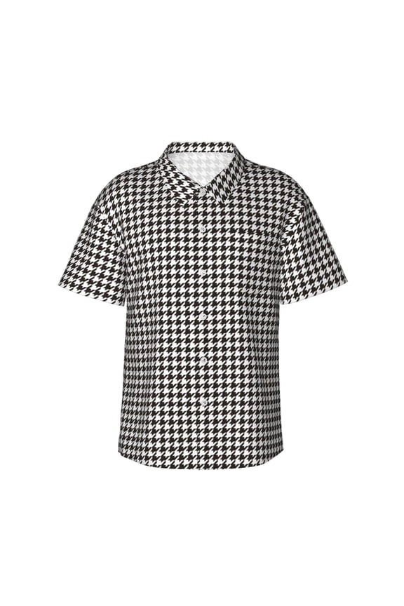 Houndstooth Black And White Pattern Men's Casual Button-Down Shirts Hawaiian Shirt Short Sleeve-Large
