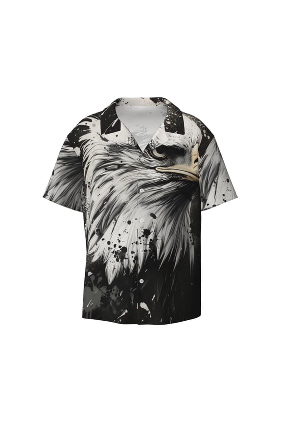 Ink Style Bald Eagle Print Men's Button Down Shirts Short Sleeve Casual Shirts Hawaiian Shirts Vacation Wedding Shirts with Pocket-4X-Large