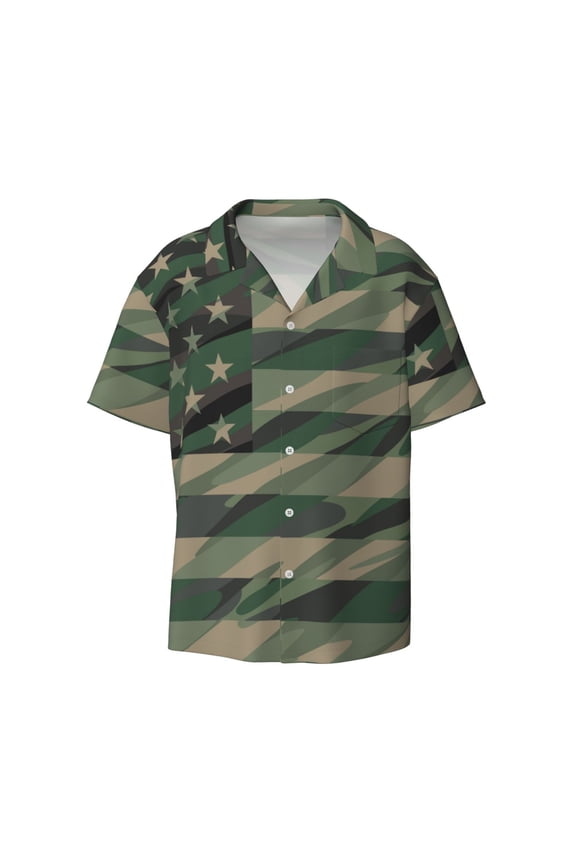 Jungle Green Camo USA Flag Print Men's Button Down Shirts Short Sleeve Casual Shirts Hawaiian Shirts Vacation Wedding Shirts with Pocket-3X-Large