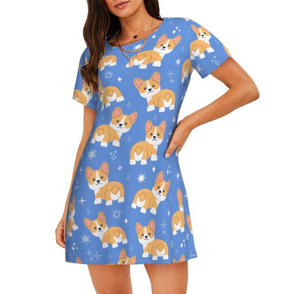 Kuqiui Kawaii Corgi Pattern Women's Short-sleeved Nightgown,Casual Sleep A-line Sleepwear Comfy Sleepshirt,Cute Breathable Nightdress Ruffle - XX-Large
