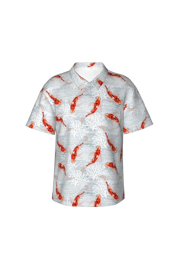 Koi Fish Corals,Spring Summer Pattern Men's Casual Button-Down Shirts Hawaiian Shirt Short Sleeve-X-Large
