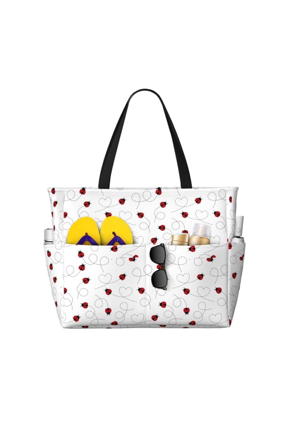 Ladybugs Flying On Dotted Route Print Beach Pool Bags Tote for Women Ladies Large Gym Tote Carry On Bag for Weekender Travel Waterproof